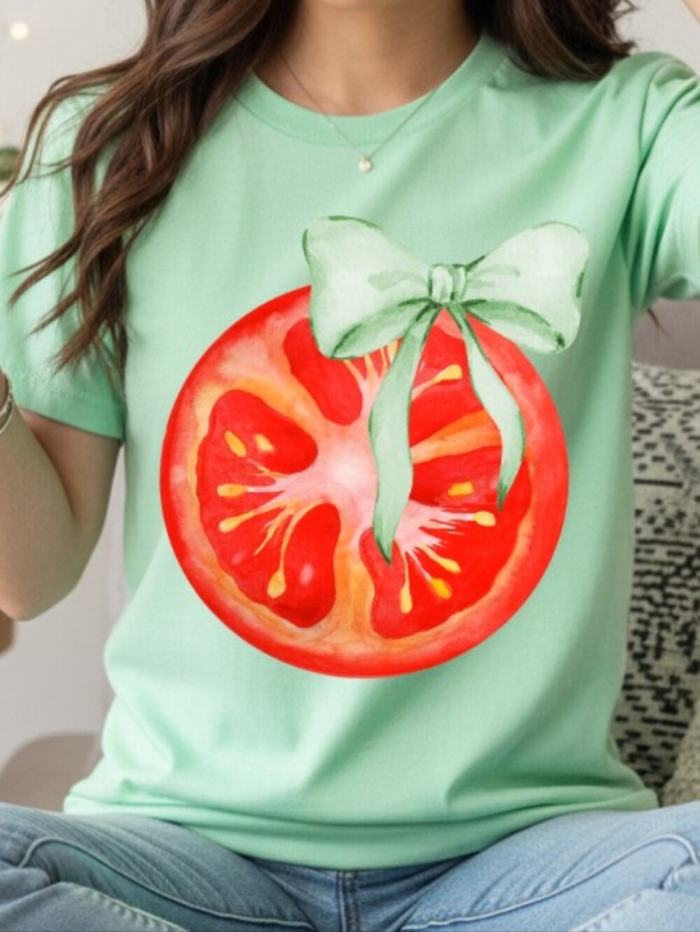 Gildan Mint Green Tee with Red Tomato Graphic and Bow